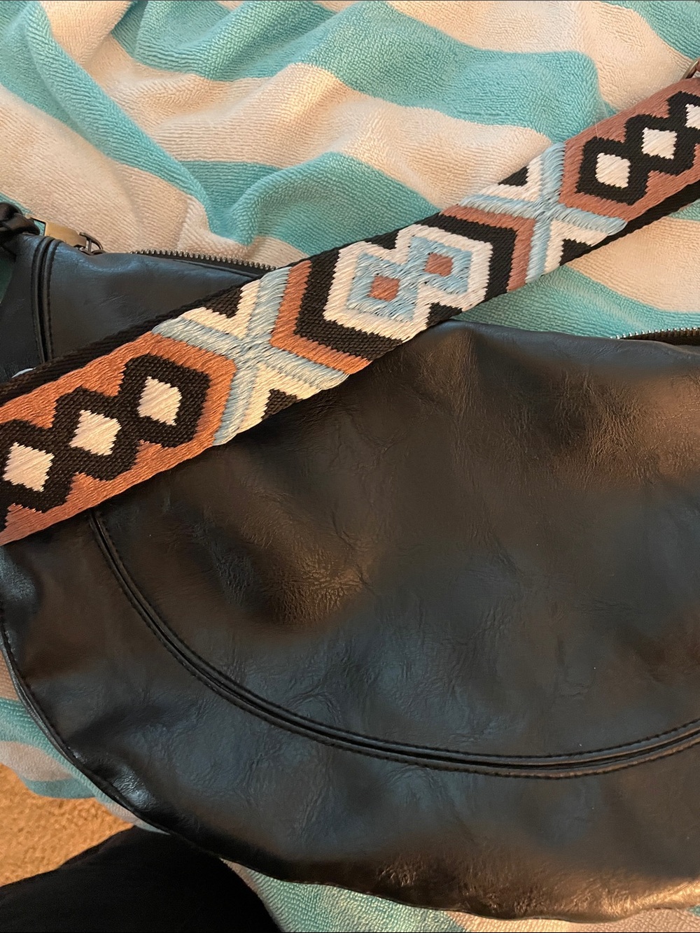 Black Leather Crossbody Bag with Aztec Woven Strap, 2nd strap all leather.